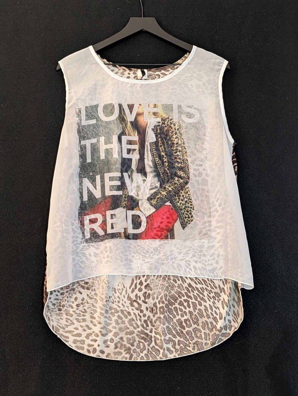 Cleo XL Sheer Graphic Sleeveless Blouse Leopard Animal Print High Low Top Red